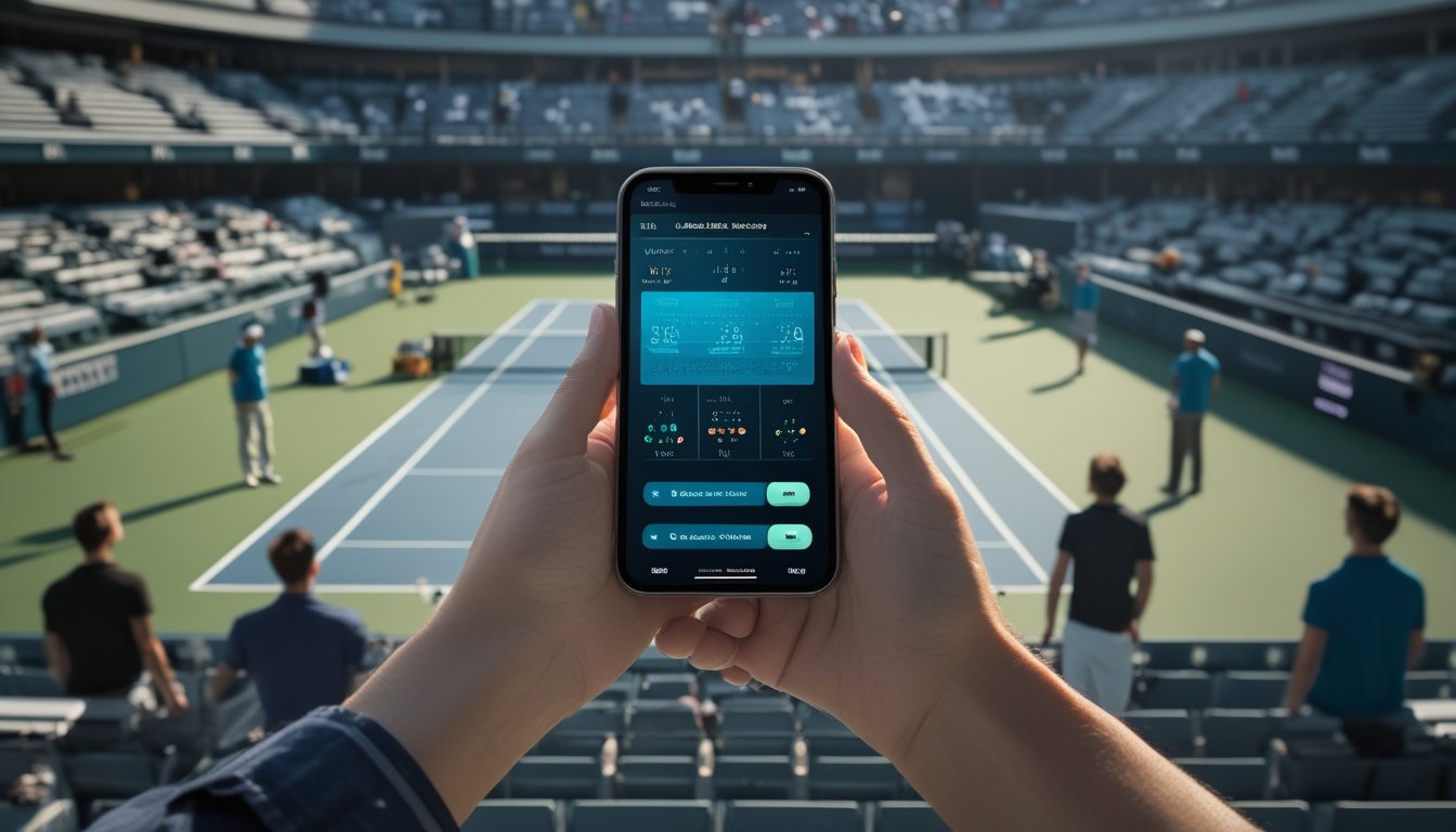 Penonton menganalisis pertandingan tenis Grand Slam melalui ponsel saat dua pemain bertanding di lapangan.