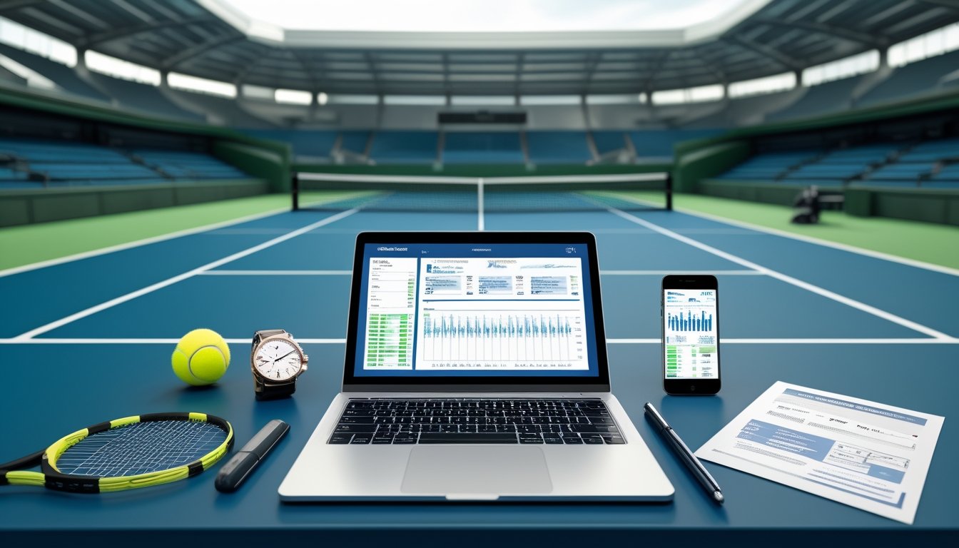 Lapangan tenis turnamen dengan laptop, bagan pertandingan, raket, dan bola tenis di meja analisis.