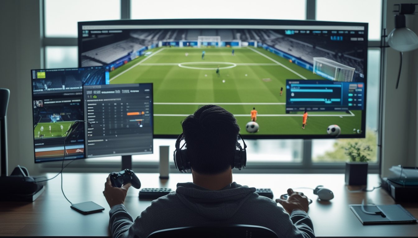 Seseorang memainkan pertandingan sepak bola virtual di depan monitor dengan pengontrol permainan.