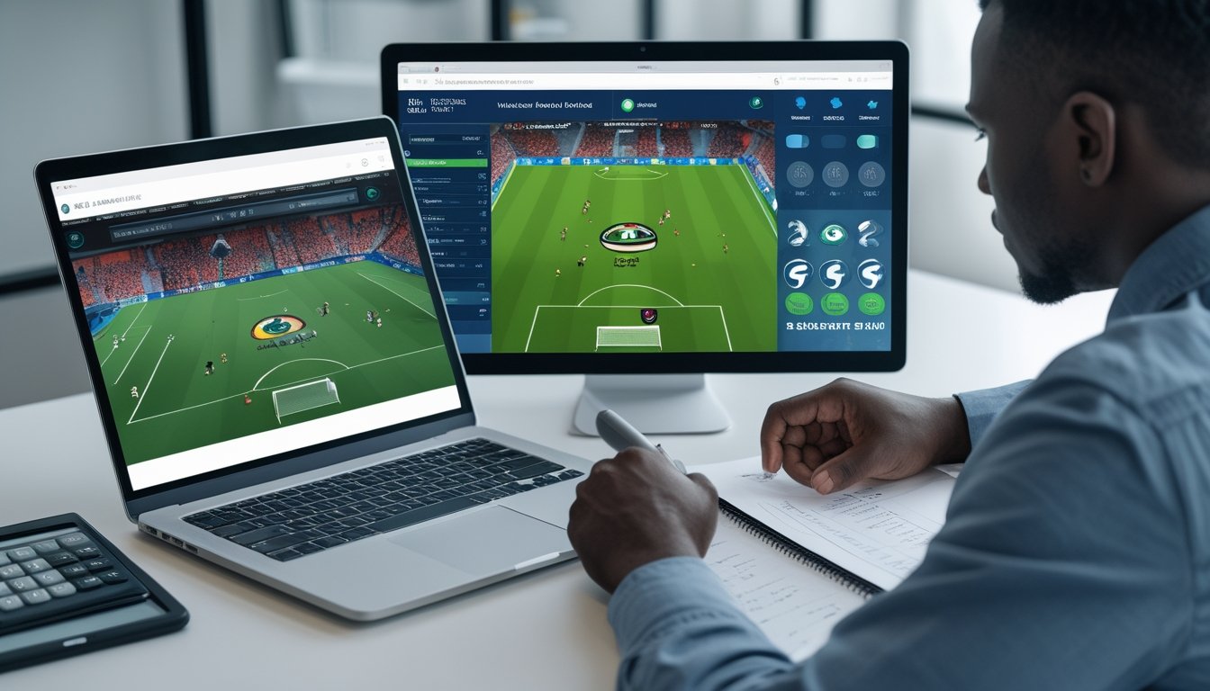 Seseorang menganalisis pertandingan sepak bola virtual dan statistik di ruang kerja modern.