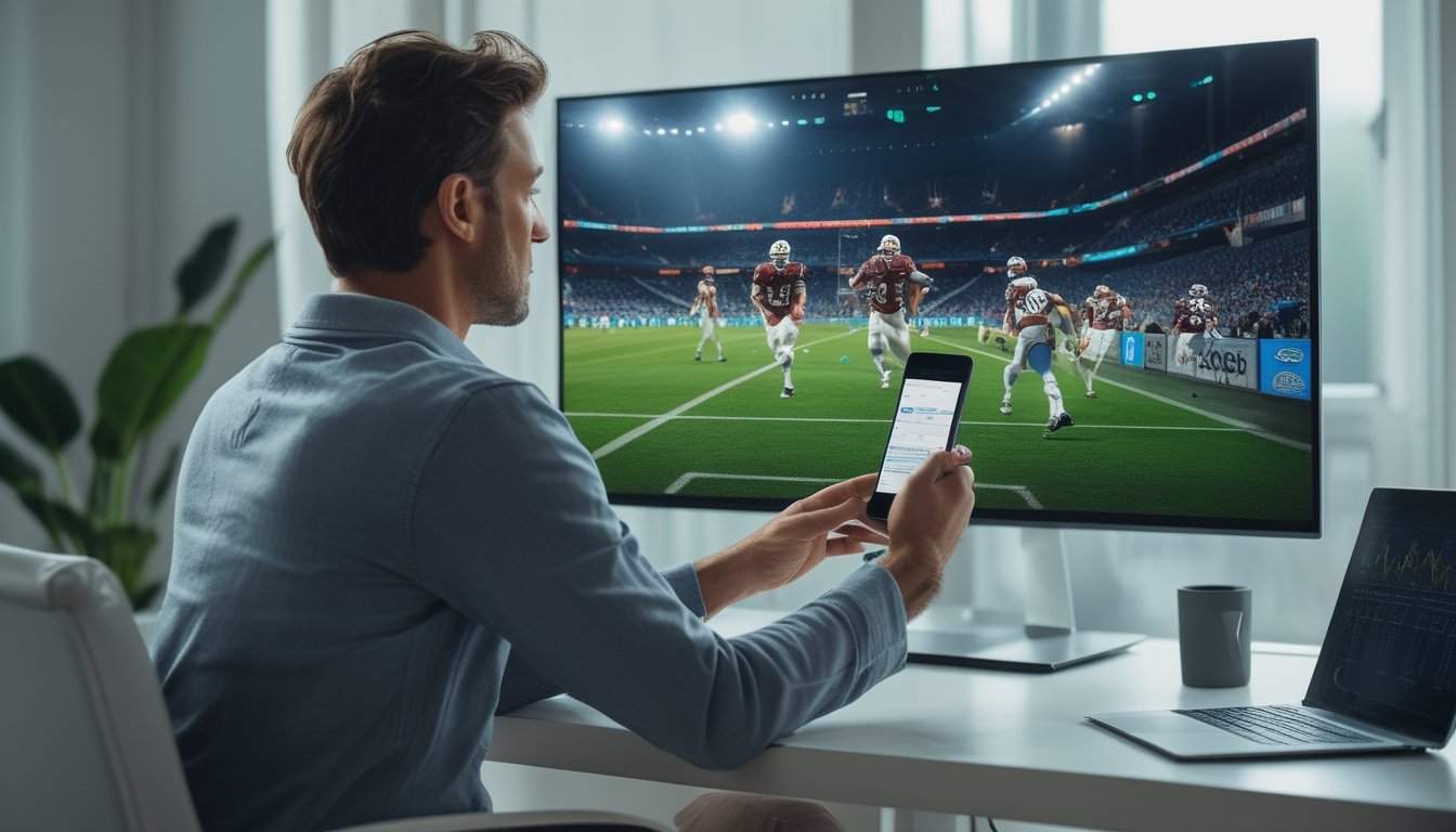 Seorang penggemar sepak bola menyaksikan pertandingan langsung sambil menggunakan ponsel untuk mengikuti taruhan.