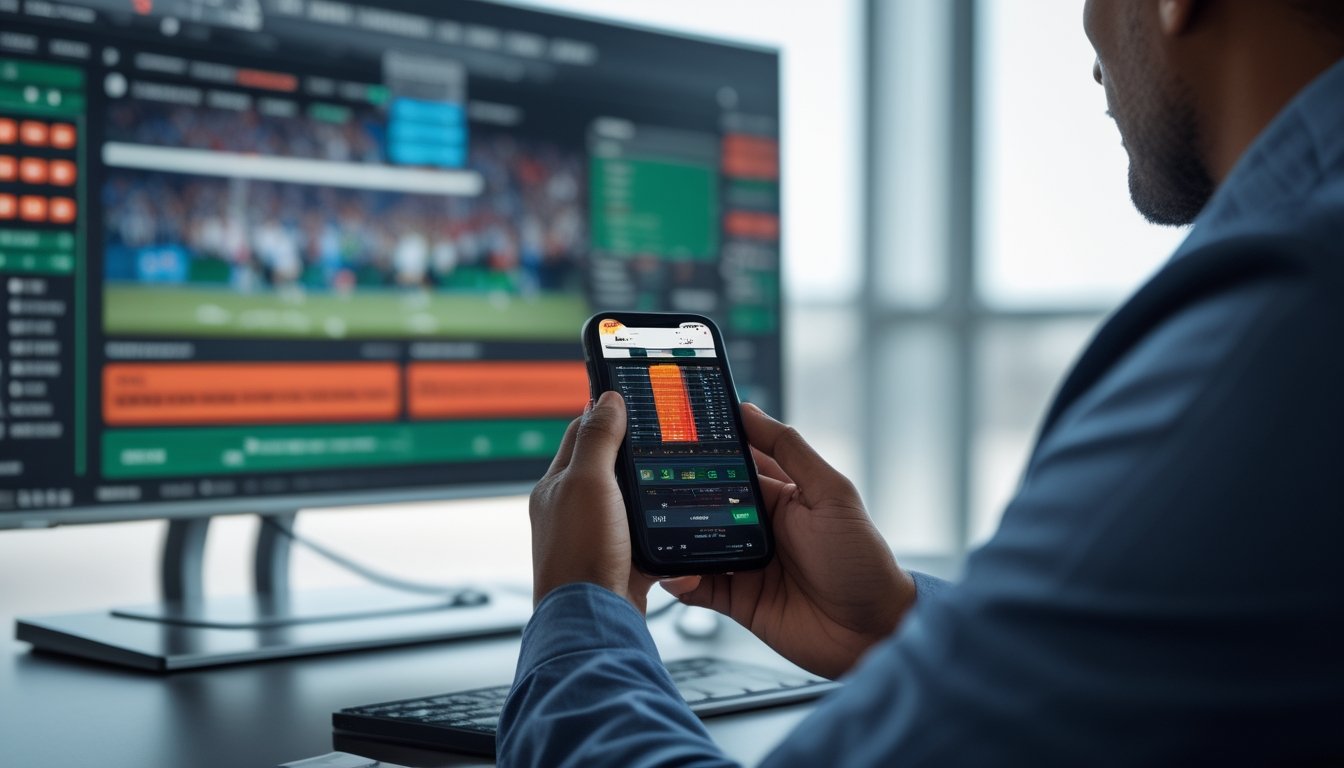 Seseorang memantau pertandingan sepak bola langsung sambil menggunakan ponsel untuk mengikuti taruhan secara real-time.