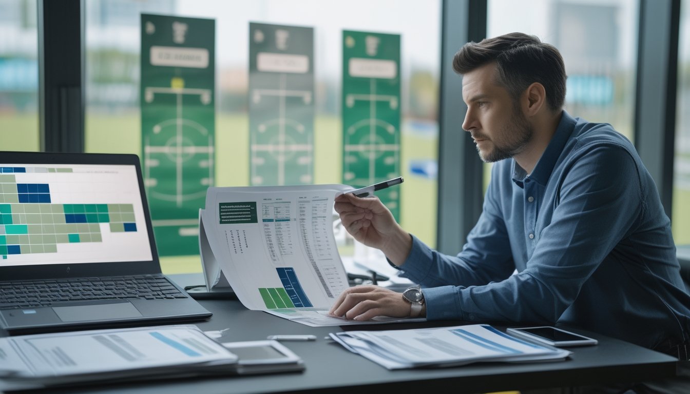 Analis olahraga membandingkan tiga pertandingan sepak bola pada meja kerja dengan laptop dan catatan kosong.