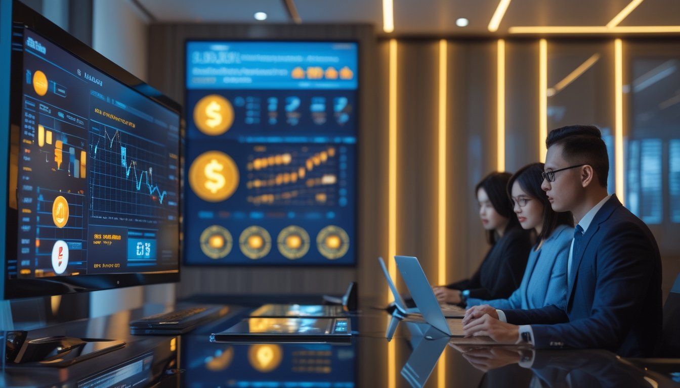 Sekelompok profesional dewasa menganalisis data digital pada layar komputer di ruang kerja modern.