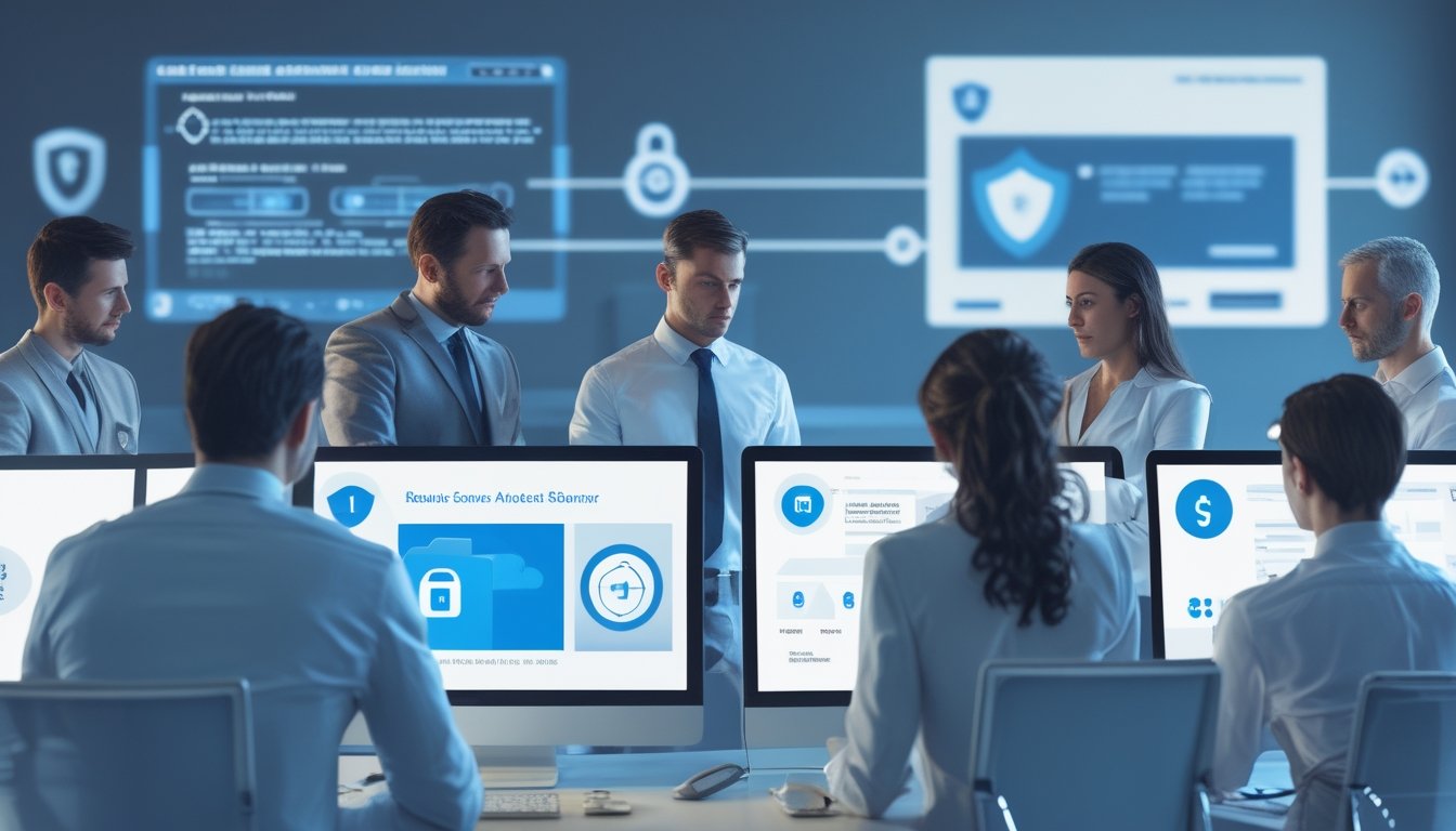 Tim profesional meninjau keamanan dan kepatuhan platform digital di kantor modern.