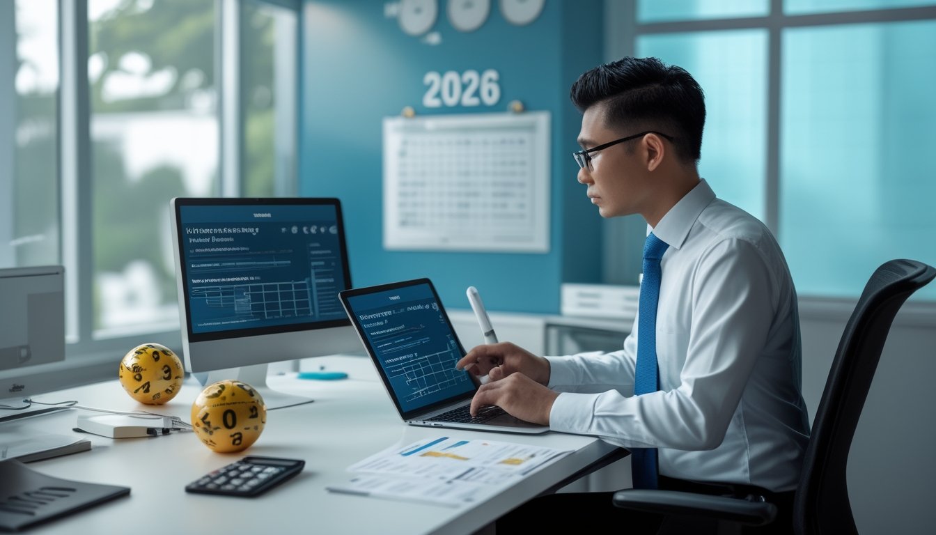 Seorang profesional meninjau data pasar lotre di meja kantor dengan laptop, tablet, dan bola undian.