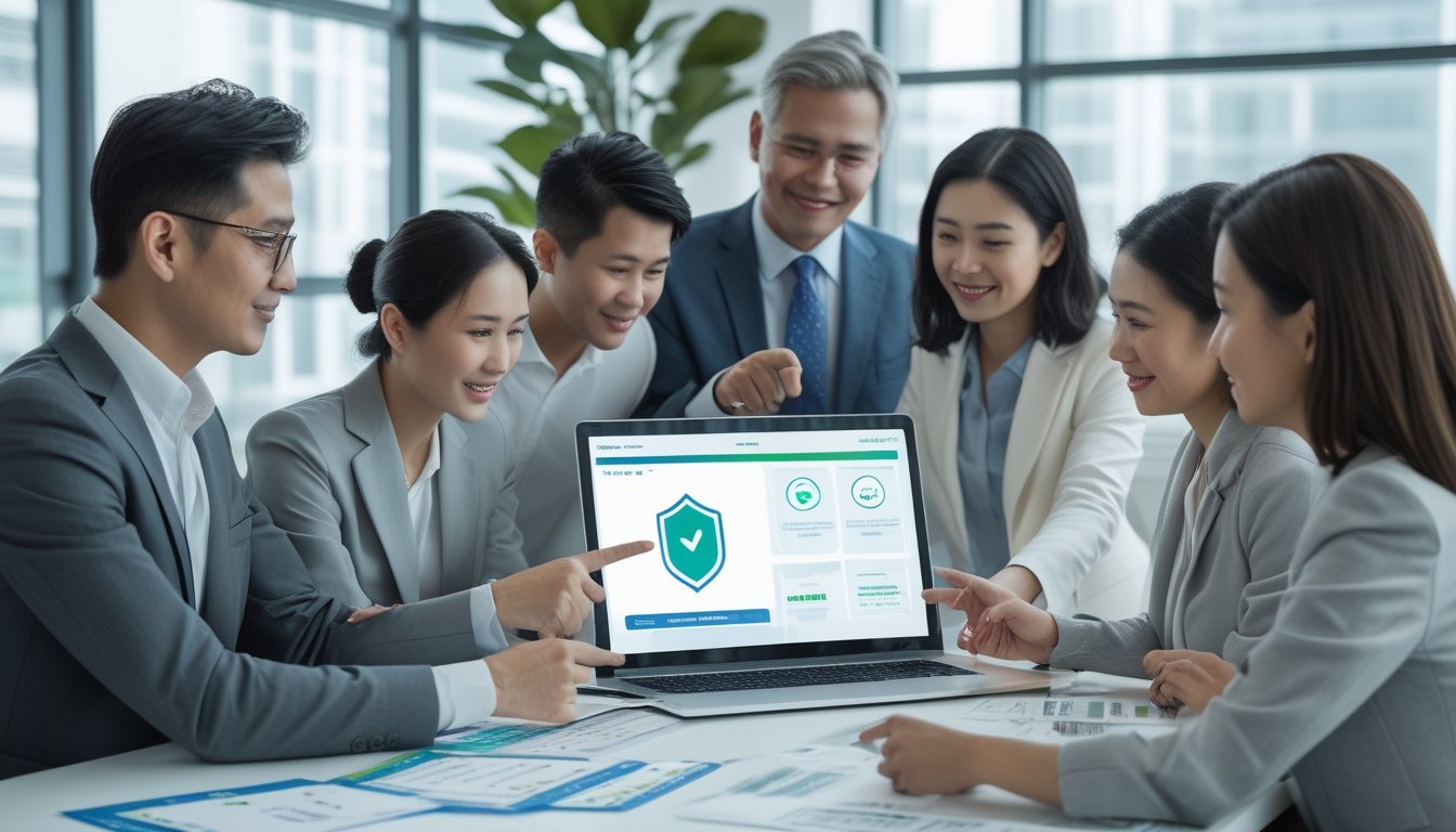 Sekelompok profesional memeriksa keamanan dan legalitas platform digital di kantor modern.