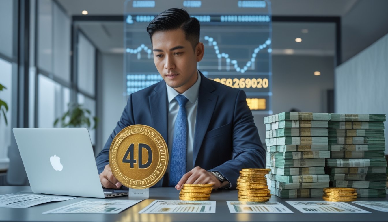 Profesional Indonesia meninjau dokumen dan grafik hadiah di lingkungan kantor modern dengan simbol uang dan jackpot.