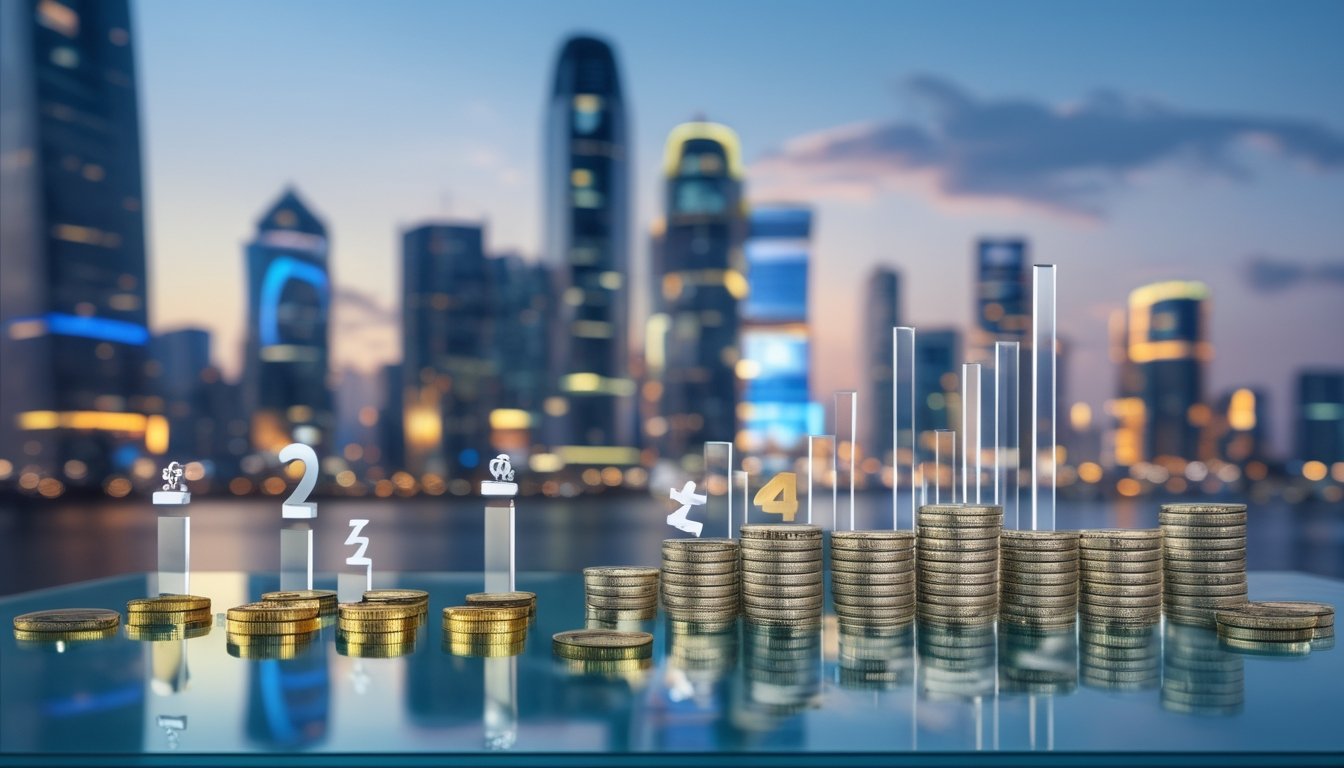 Meja analisis dengan keping hadiah dan grafik geometris di depan pemandangan kota modern.