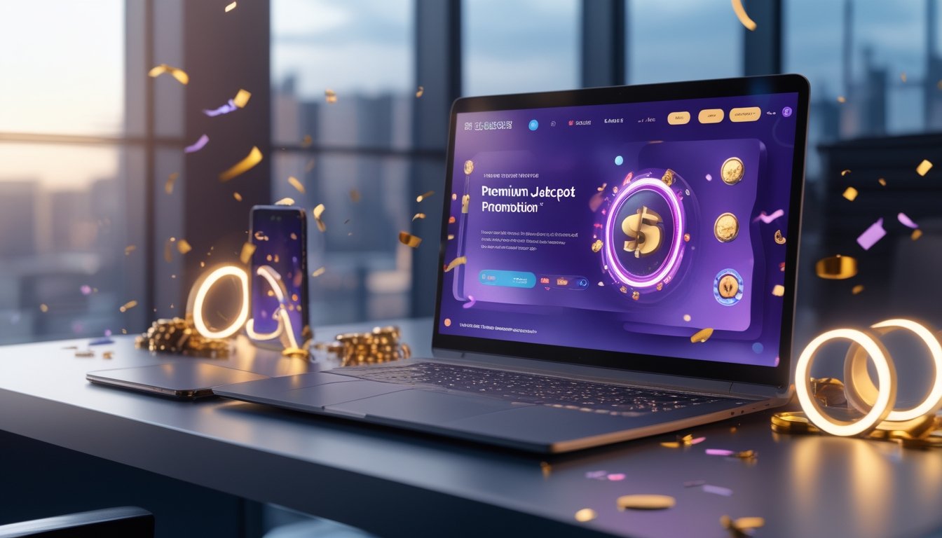 Laptop dan ponsel menampilkan antarmuka digital berwarna-warni dengan aksen emas di atas meja kerja modern.