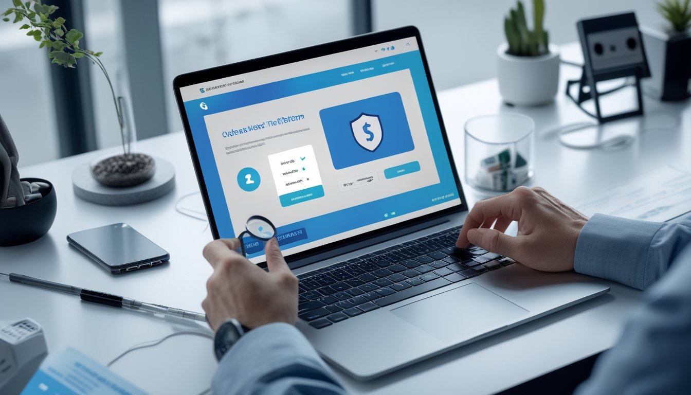 Tangan seorang analis memeriksa platform digital di laptop dengan kaca pembesar, simbol keamanan, dan ponsel di meja kerja.