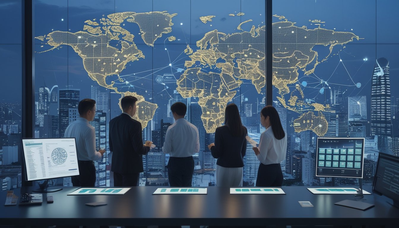 Tim analis mengamati data pasar global di kantor modern dengan latar kota.