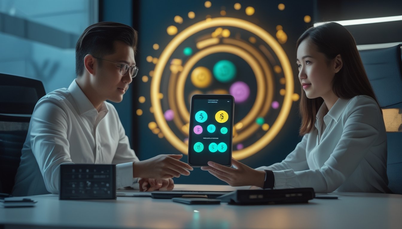 Dua orang dewasa melihat perangkat digital di meja dalam ruang kerja modern dengan cahaya keemasan.