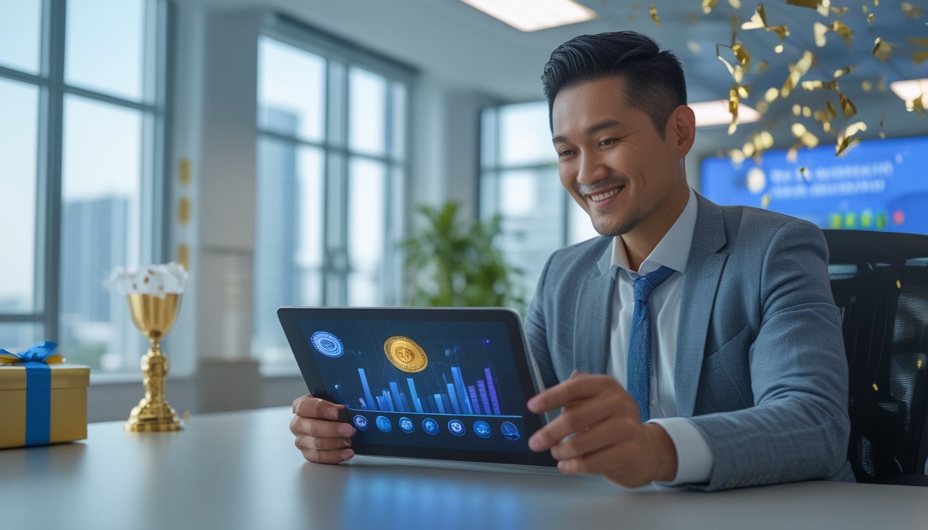 Seorang profesional tersenyum memeriksa tablet di kantor modern dengan simbol keamanan dan dekorasi perayaan.