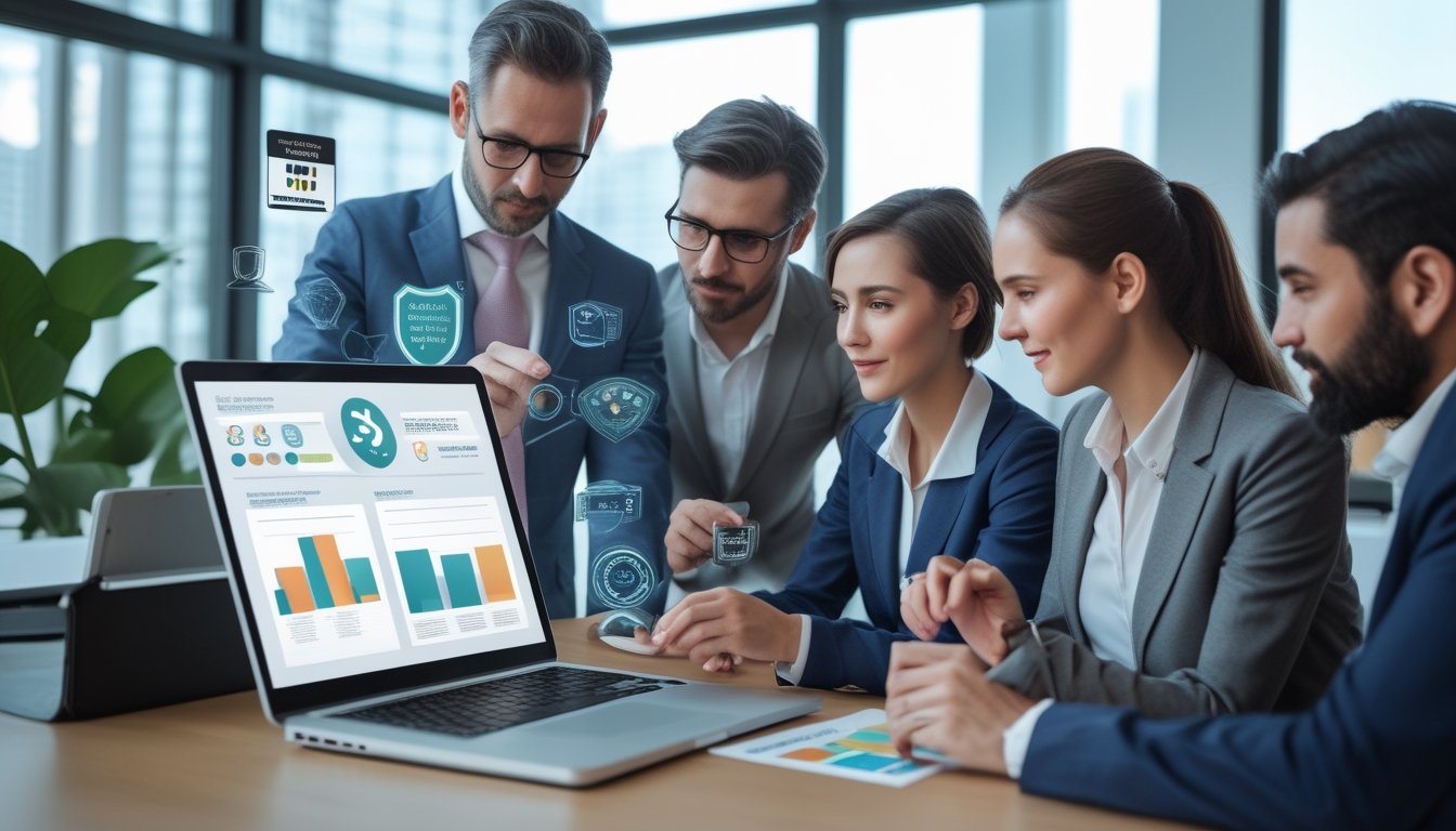 Sekelompok profesional meninjau keamanan dan kepatuhan sebuah platform digital di kantor modern.