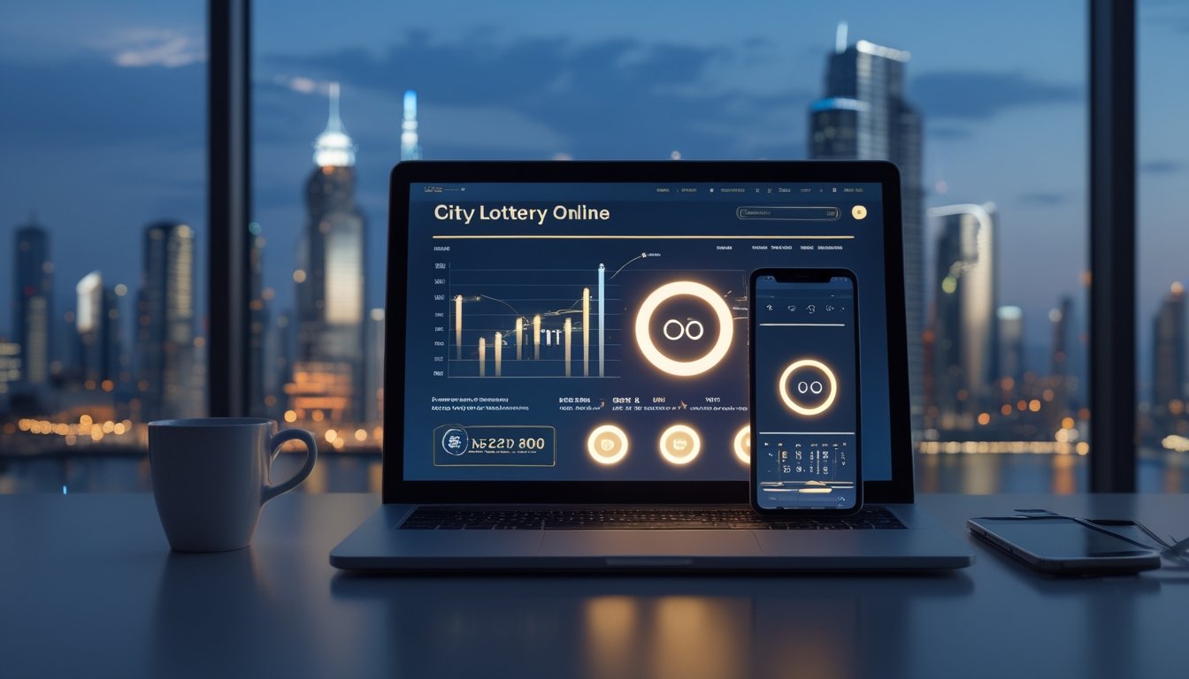Laptop dan ponsel menampilkan dashboard digital bercahaya dengan latar kota modern pada malam hari.
