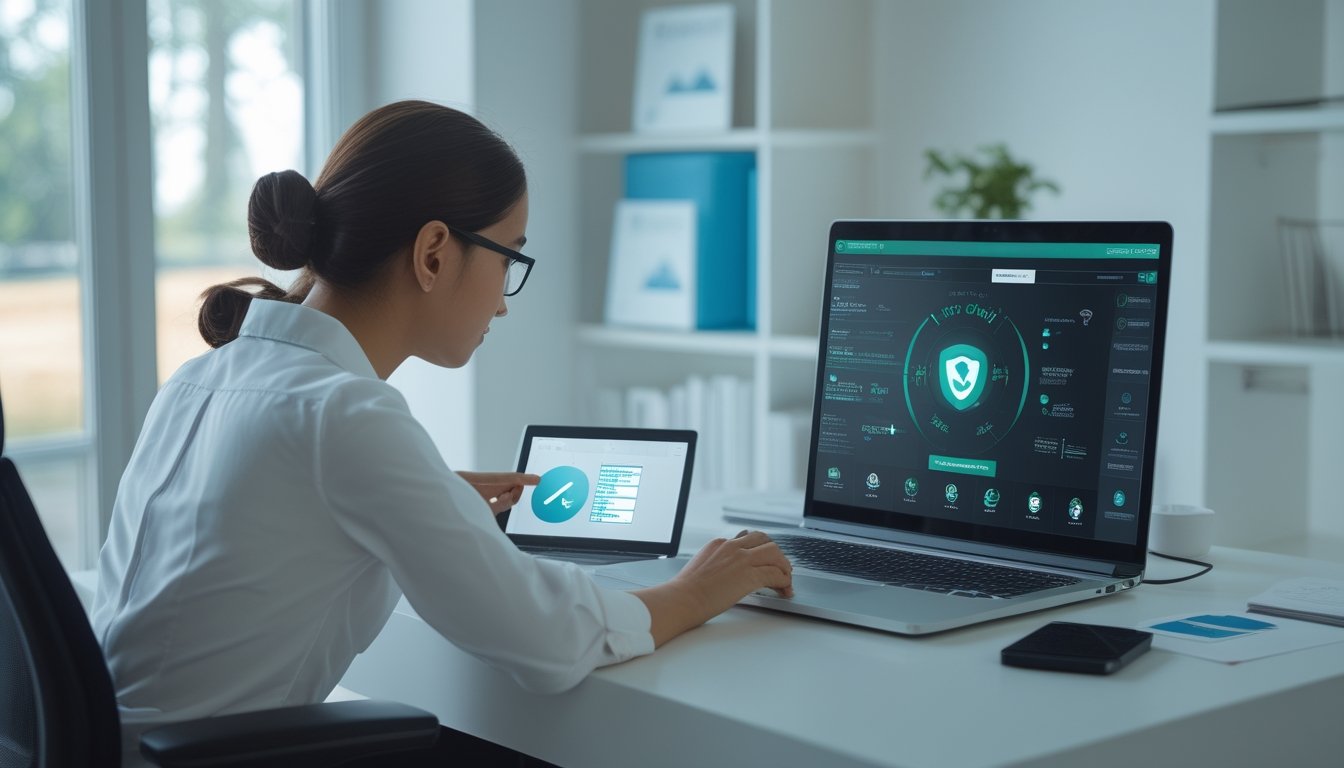 Seorang profesional memeriksa keamanan dan legalitas platform permainan daring melalui laptop dan ponsel di ruang kerja modern.