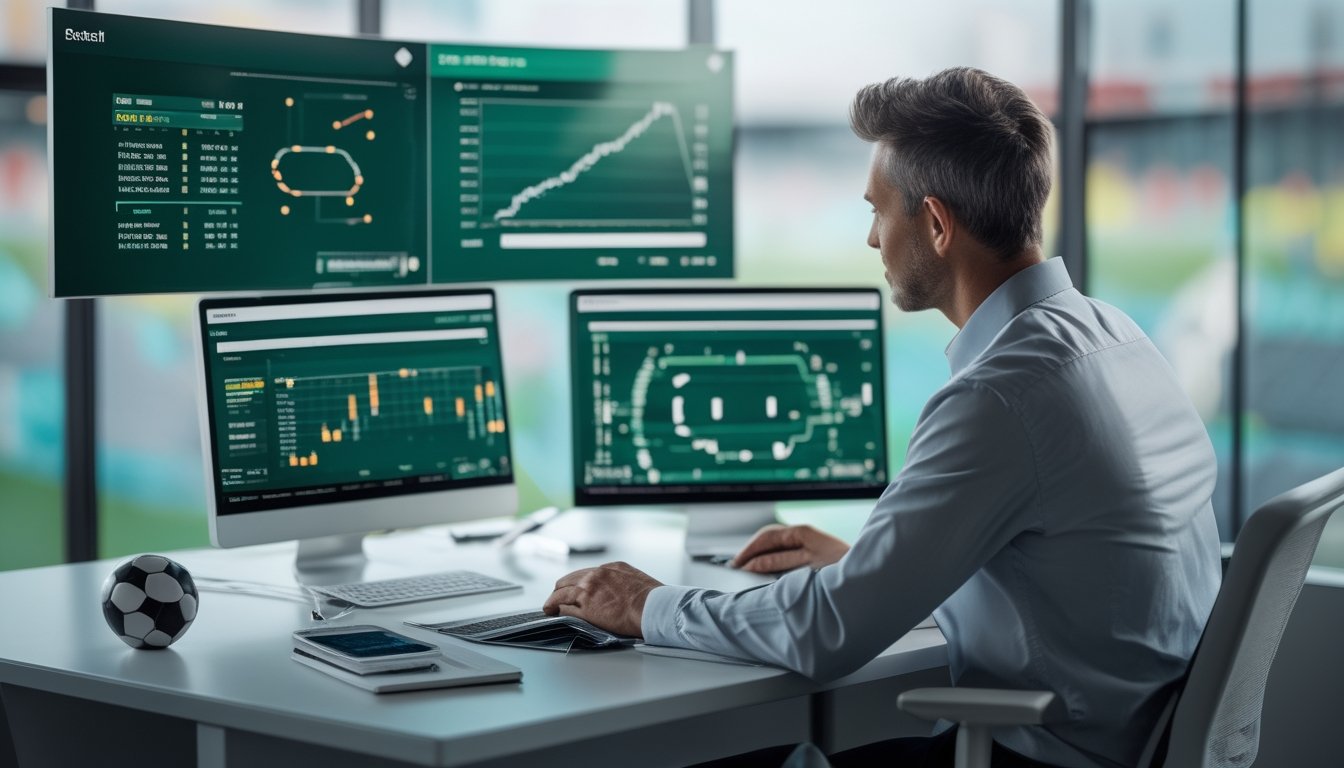 Seorang analis mempelajari data pertandingan sepak bola di meja kerja dengan laptop, grafik, dan perlengkapan olahraga.