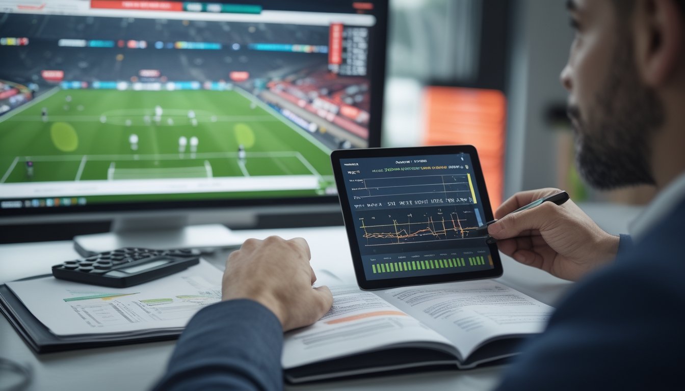 Analis sedang memeriksa statistik pertandingan sepak bola dan data taruhan di meja kerja.