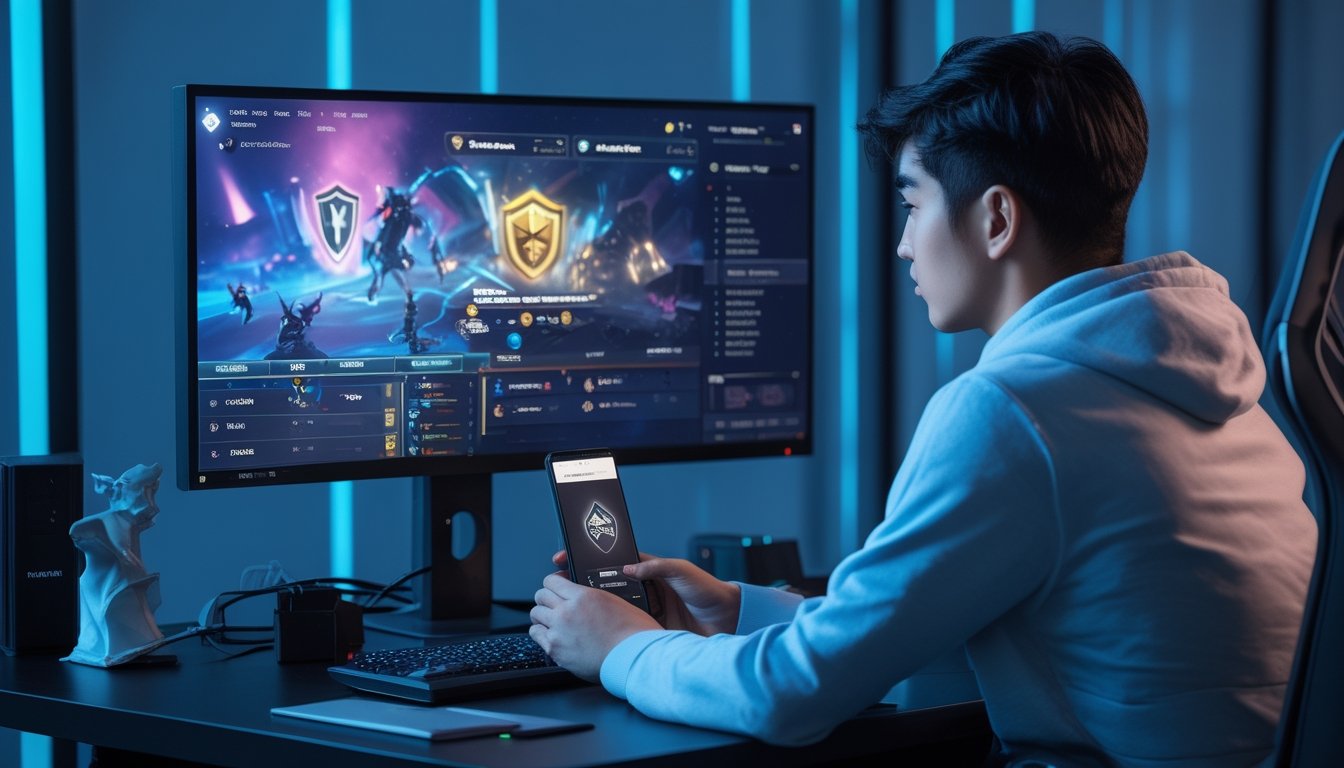 Seorang pemain esports menggunakan ponsel di meja dengan tampilan arena pertarungan digital dan simbol keamanan.