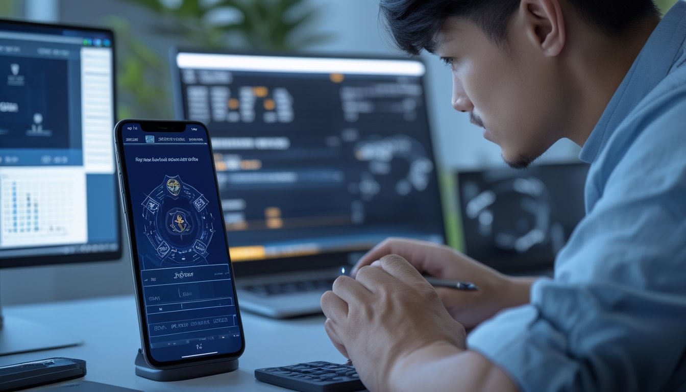 Orang dewasa memeriksa informasi pertandingan esports menggunakan ponsel dan laptop di meja kerja.