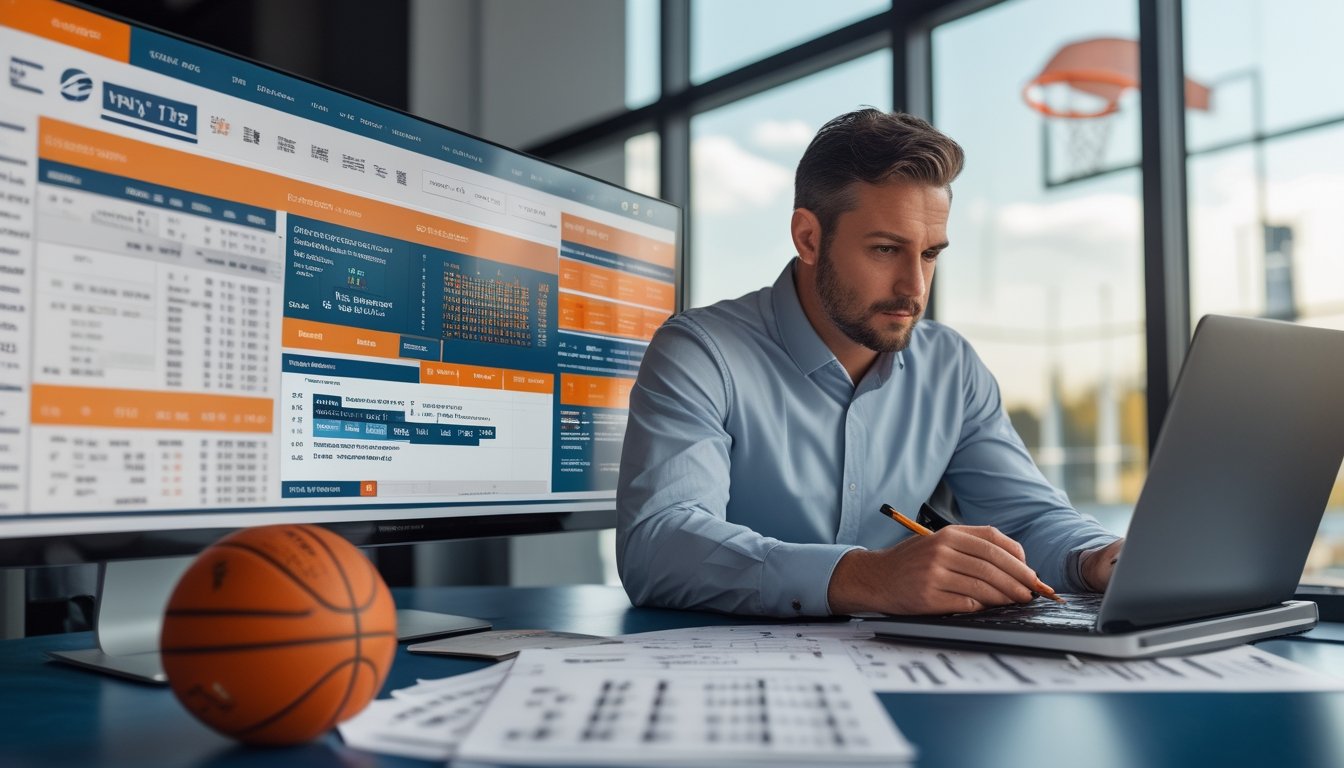 Seorang analis mempelajari statistik pertandingan basket di meja kerja dengan bola basket dan lapangan di latar belakang.
