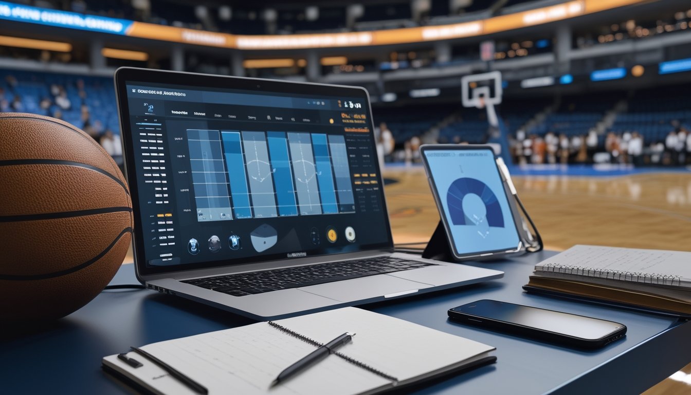 Meja analisis dengan bola basket, perangkat digital, catatan kosong, dan lapangan basket yang tampak samar di latar belakang.