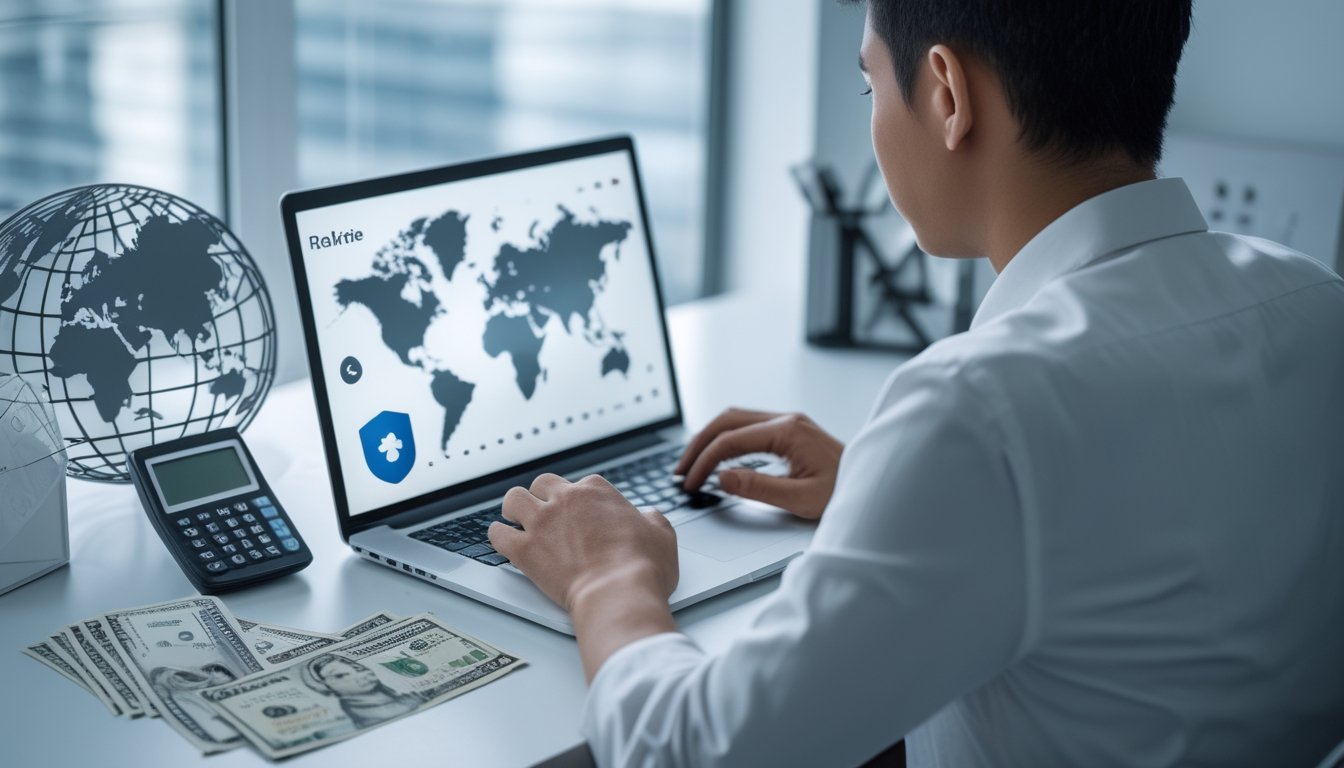 Orang dewasa menggunakan laptop dengan rupiah, ponsel, kalkulator, dan simbol transaksi internasional di meja kerja.
