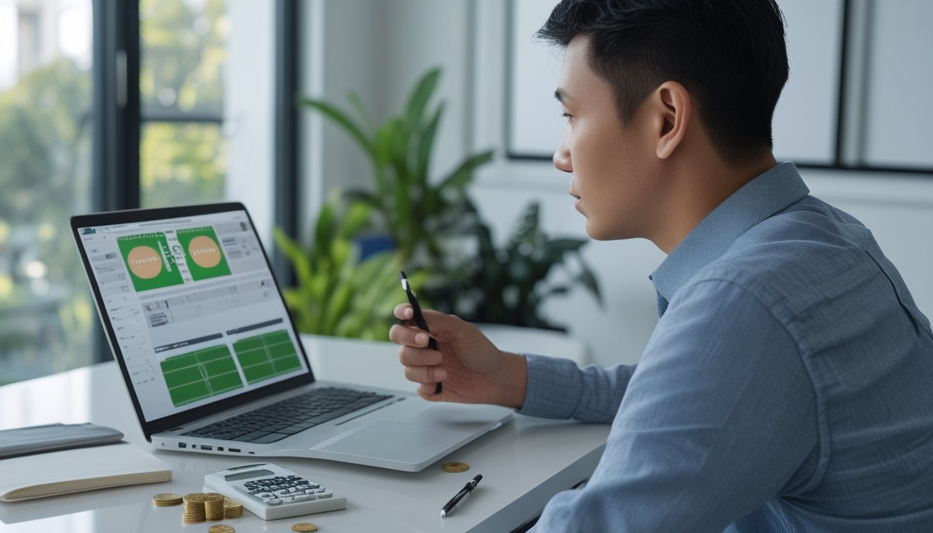Seseorang menganalisis beberapa pertandingan olahraga dengan laptop, ponsel, kalkulator, dan sejumlah kecil koin di meja.