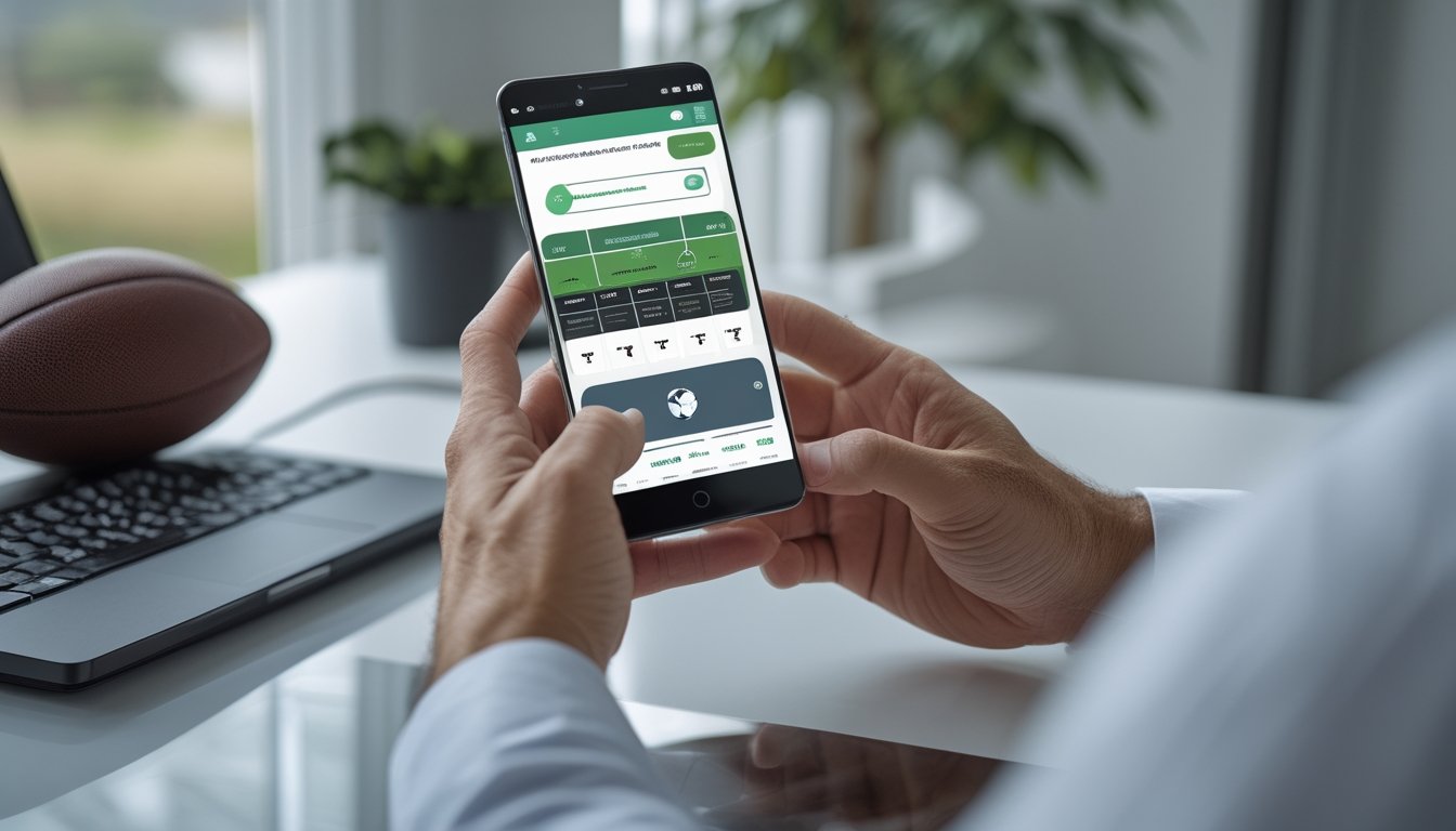 Seseorang menggunakan ponsel Android untuk memasang taruhan pertandingan sepak bola di meja rumah.