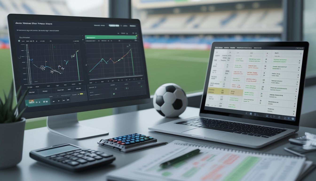 Meja kerja dengan laptop statistik pertandingan sepak bola, kalkulator, buku catatan, dan latar stadion yang buram.