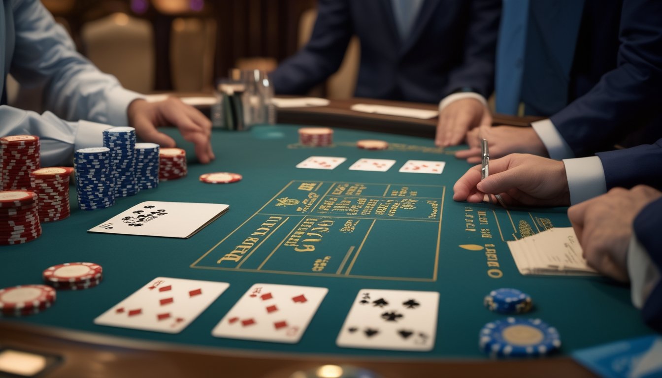 Pemain dan dealer bermain blackjack dengan kartu terbuka, chip kasino, serta buku catatan kosong di meja.