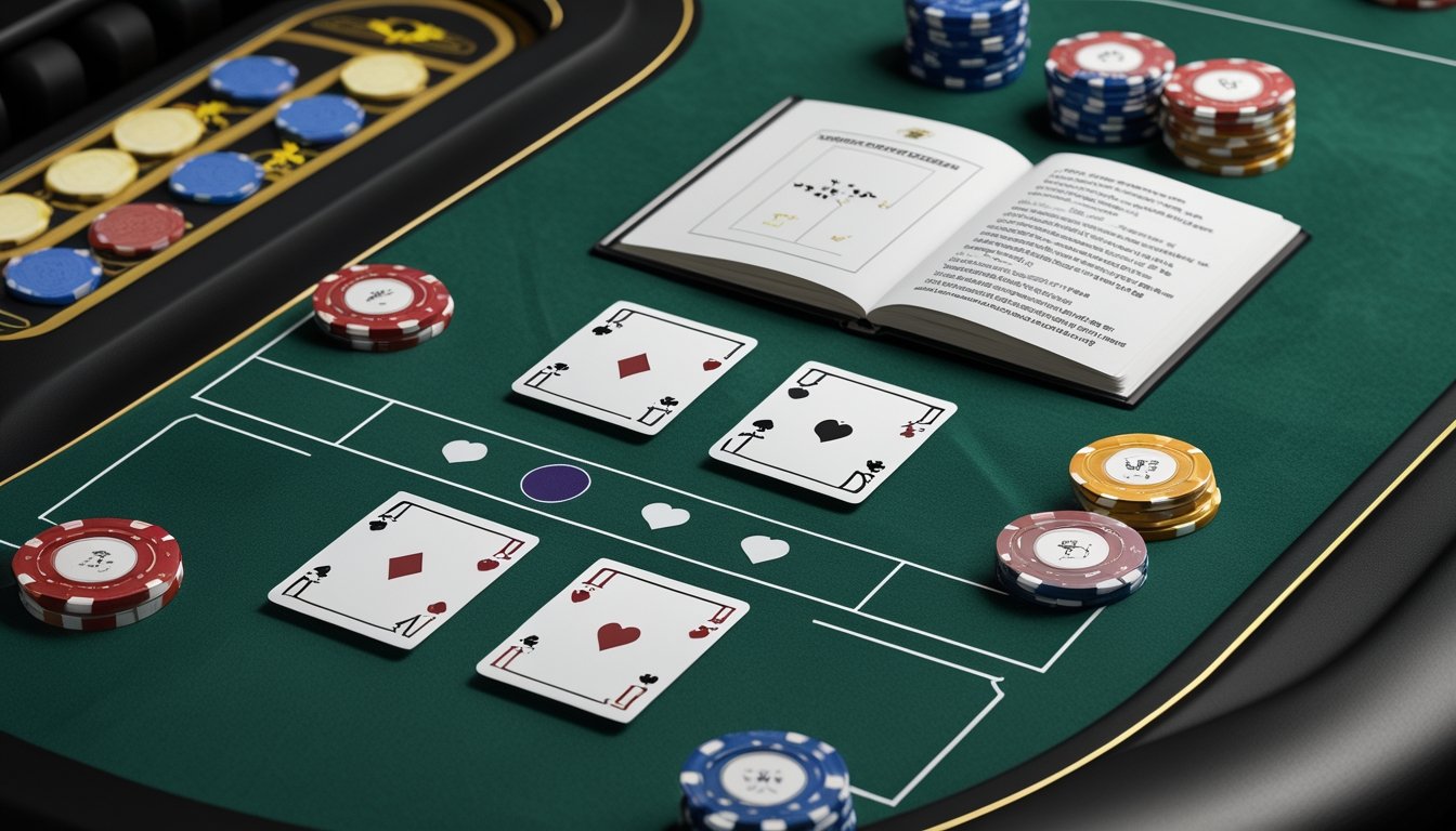 Meja blackjack dengan kartu terbuka, keping taruhan, dan panduan permainan di sampingnya.