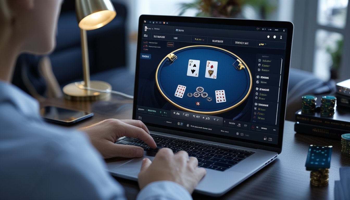 Seseorang menganalisis permainan blackjack online di laptop dengan kartu dan keping taruhan terlihat di layar.