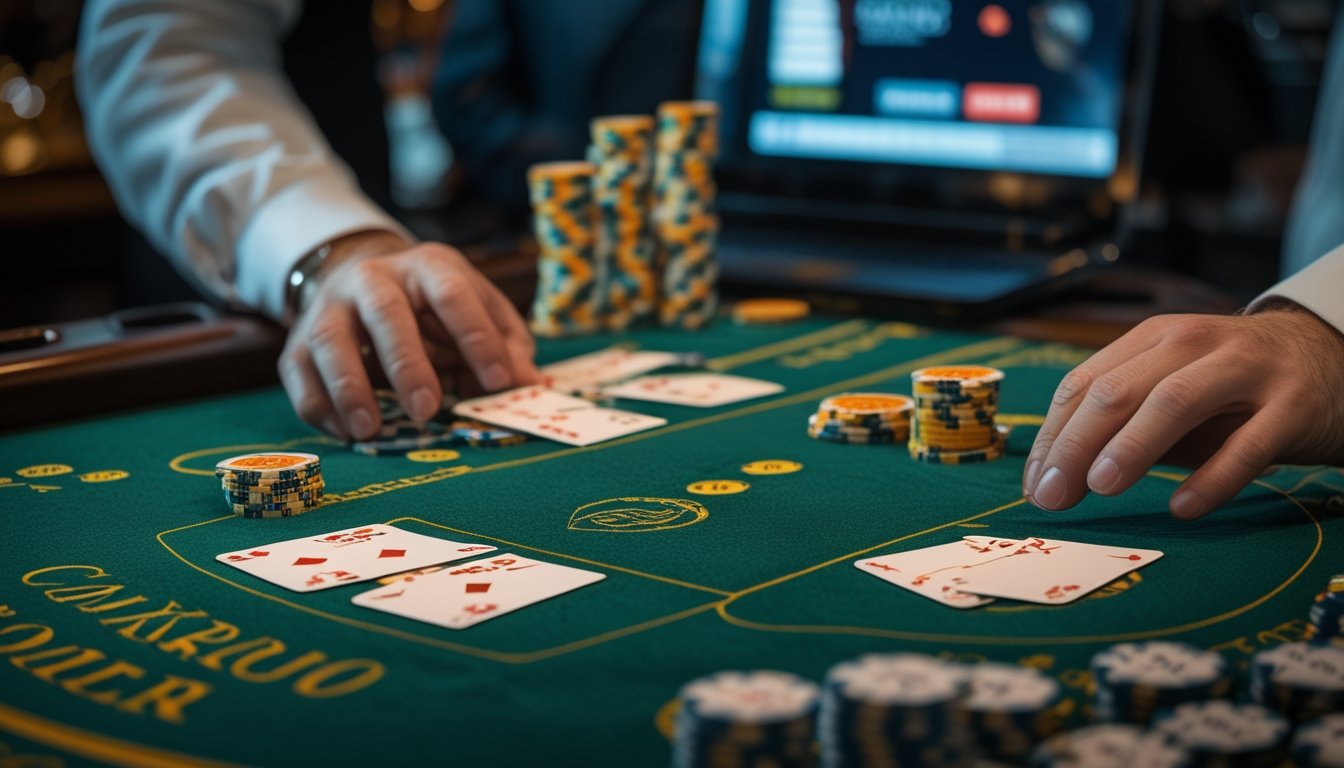 Meja blackjack dengan kartu terbuka, keping taruhan, dan tangan dealer dalam suasana kasino modern.