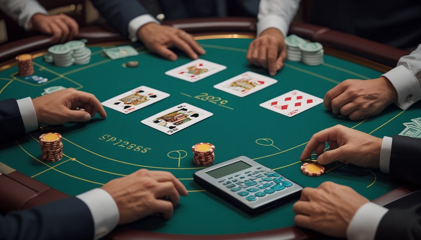 Pemain menganalisis kartu blackjack yang terbuka di atas meja kasino dengan beberapa keping taruhan.