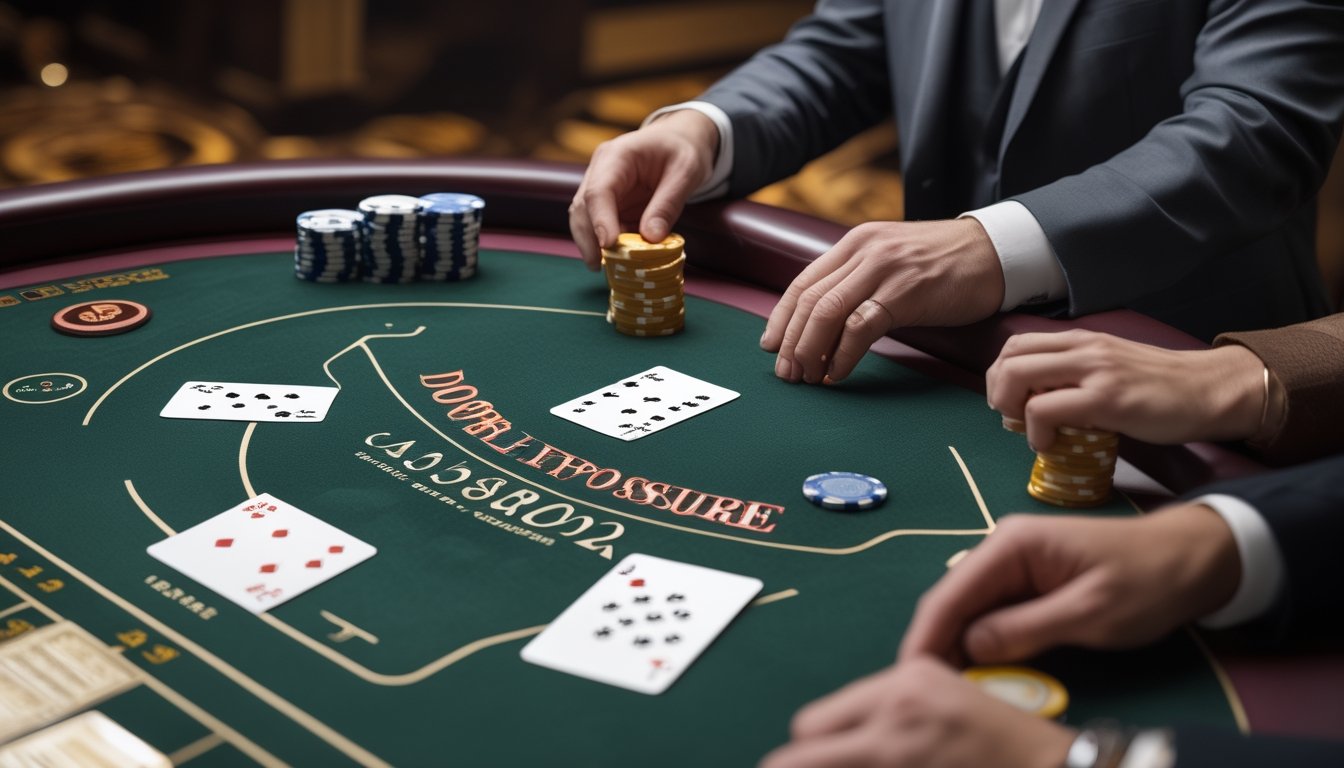 Meja blackjack dengan dua kartu dealer terbuka, kartu tambahan, dan tumpukan chip di suasana kasino.