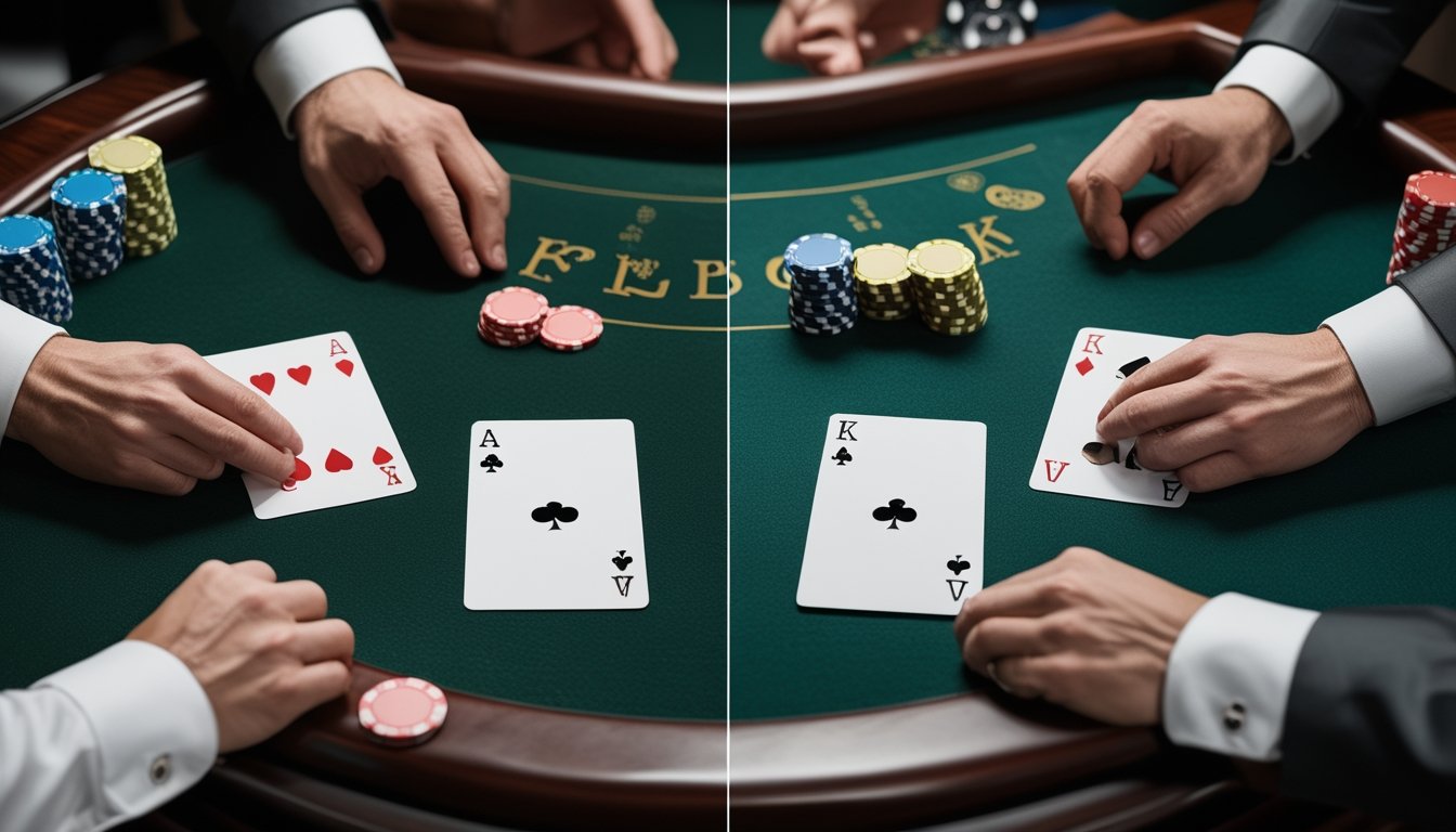 Meja blackjack menampilkan perbandingan kartu dealer terbuka dan kartu dealer yang sebagian tertutup.