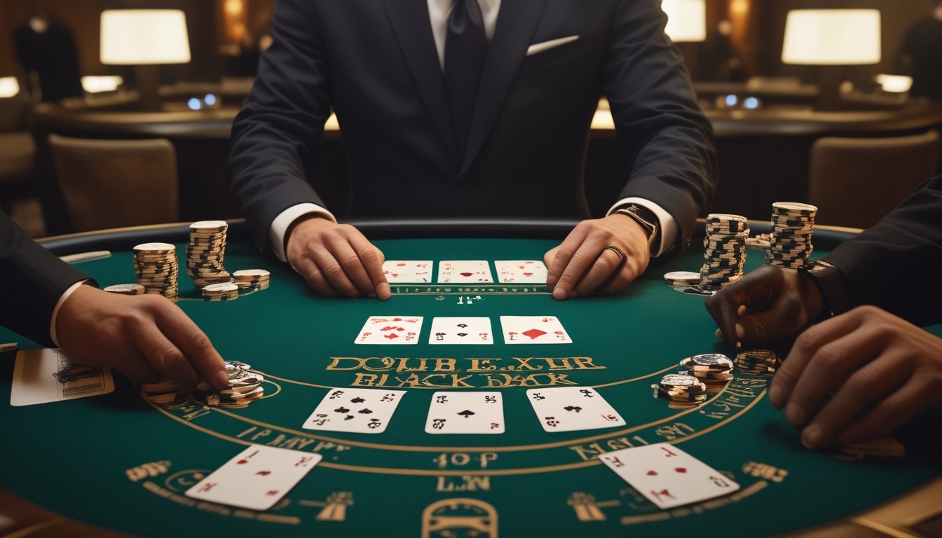 Dealer dan pemain sedang bermain Double Exposure Blackjack di meja kasino, dengan dua kartu dealer terbuka.