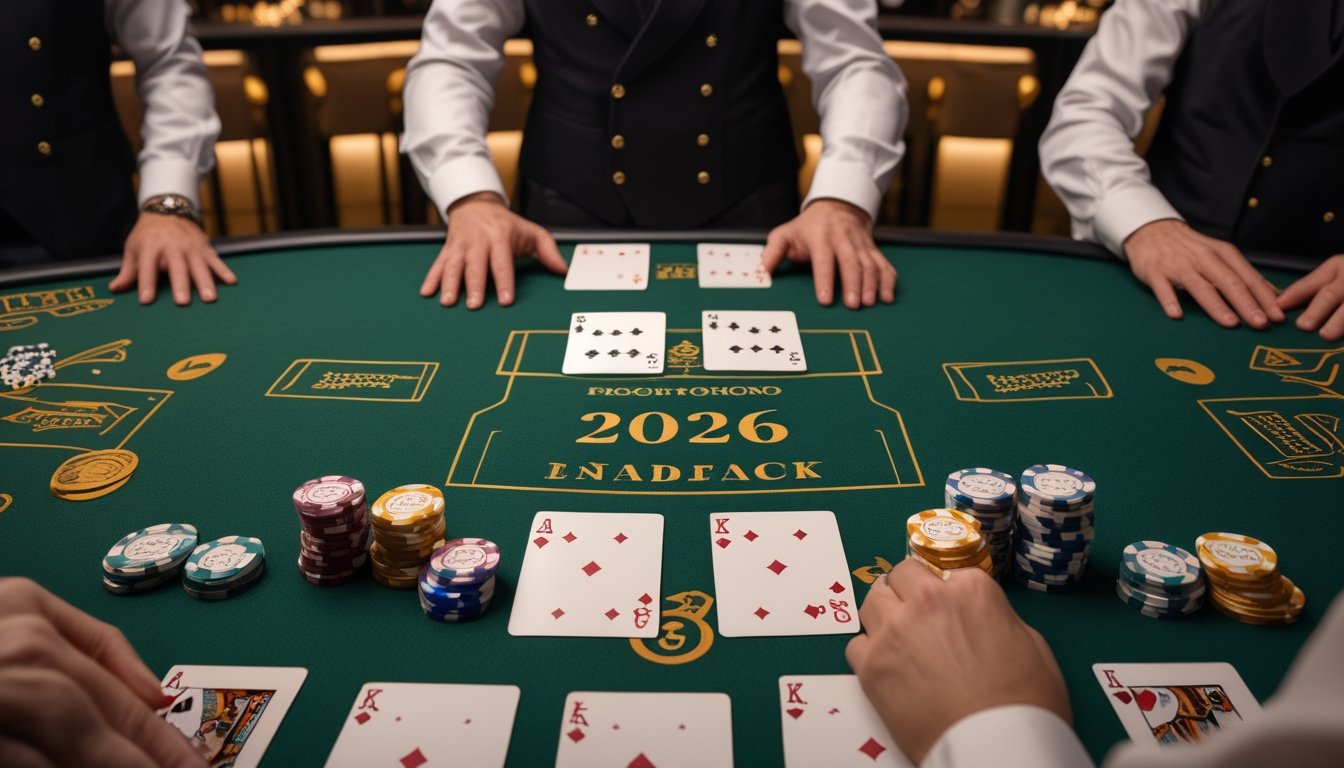 Meja blackjack modern dengan dealer, pemain, kartu yang terbuka, dan tumpukan chip kasino.