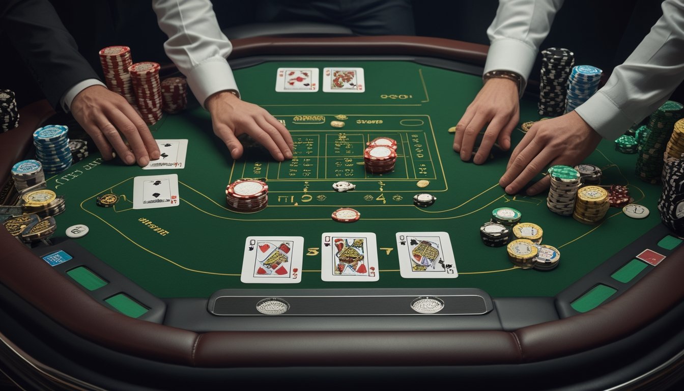 Meja blackjack kasino dengan kartu pemain dan dealer terbuka, chip taruhan, serta suasana kasino modern.