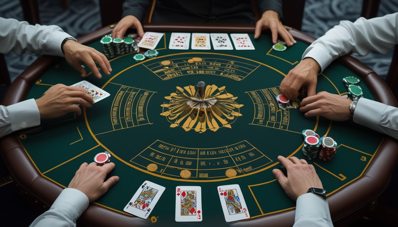 Meja blackjack kasino dengan kedua kartu dealer terbuka, kartu pemain, keping taruhan, dan perlengkapan analisis peluang.