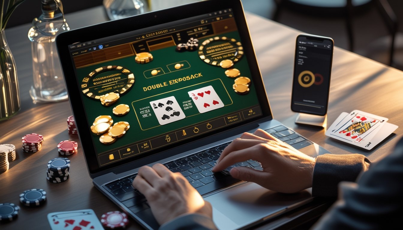 Laptop menampilkan permainan blackjack online dengan kartu, keping kasino, dan ponsel di atas meja.