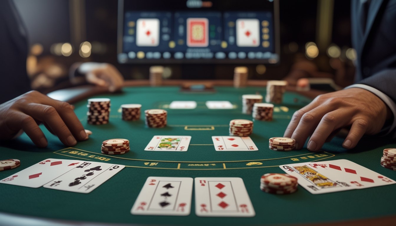 Meja blackjack dengan kartu terbuka, keping taruhan, dan layar kasino online di latar belakang.