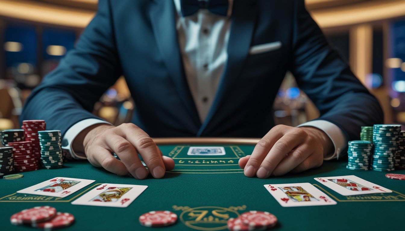 Dealer kasino menunjukkan kartu terbuka di meja blackjack sementara kartu pemain dan keping taruhan terlihat di depannya.