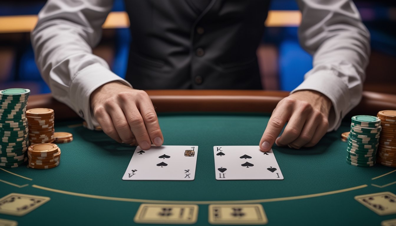 Dealer membandingkan kartu terbuka dengan kartu pemain di meja blackjack.