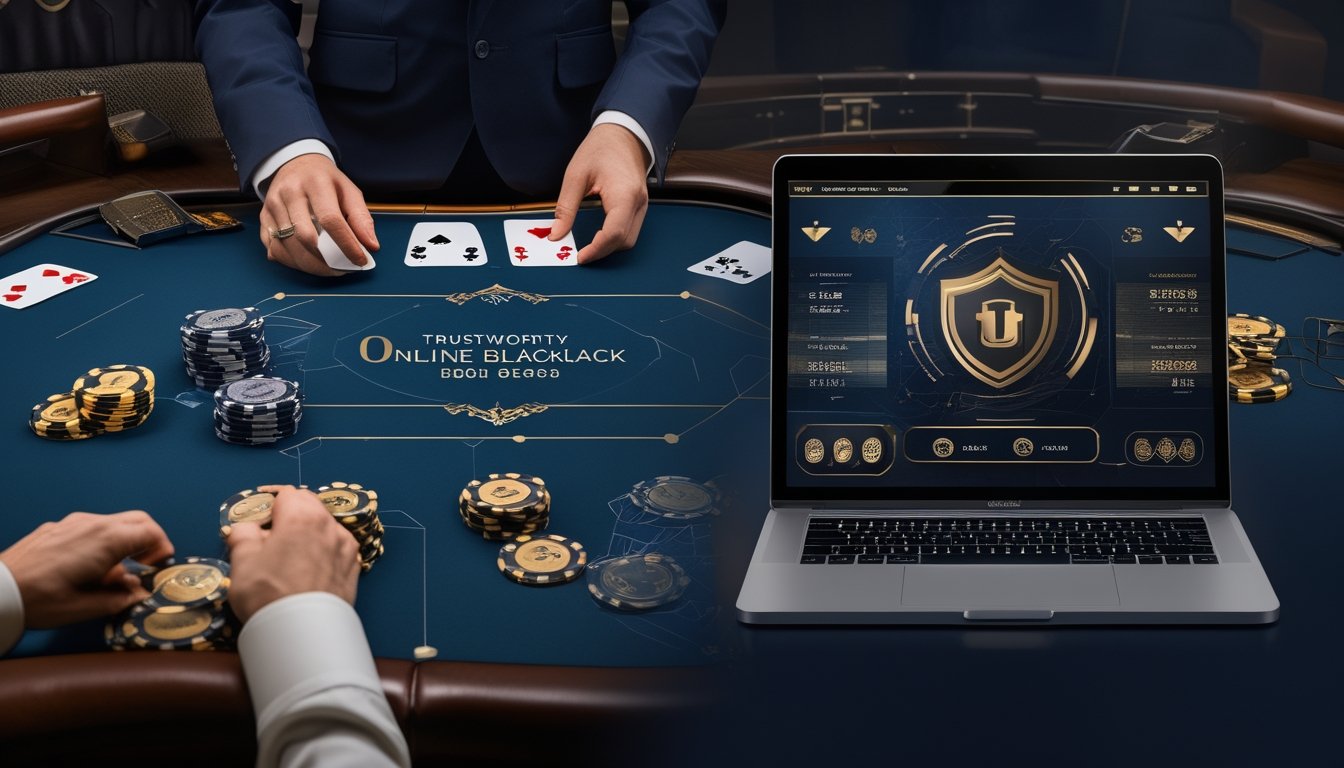 Meja blackjack dengan kartu dan keping taruhan berpadu dengan laptop serta ponsel dalam suasana kasino digital.