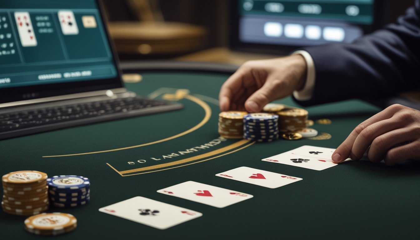 Meja blackjack modern dengan kartu yang sedikit terbuka, chip, dan perangkat yang menampilkan permainan kasino digital.
