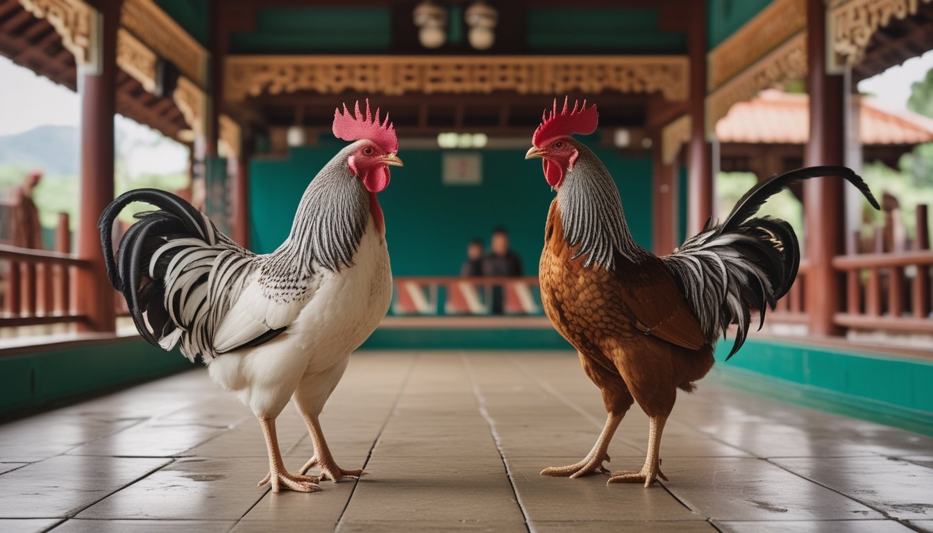 Dua ayam jantan sehat berada di arena sabung ayam yang bersih dan tertata dengan pengawasan profesional.