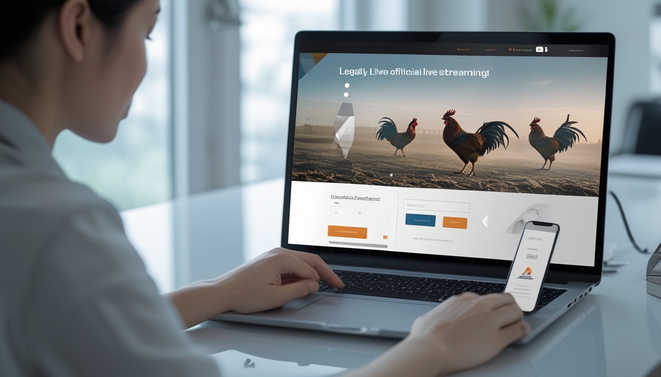 Seseorang mendaftarkan akun melalui laptop untuk menonton siaran langsung acara sabung ayam tradisional.